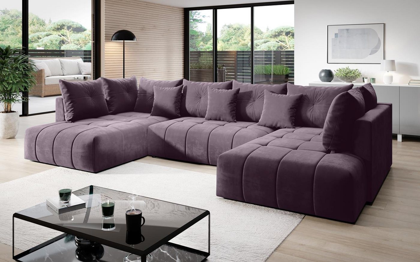 Furnix Wohnlandschaft CALVANI XXL Polstercouch Schlafsofa in U-Form Bettkasten und Kissen, großzügige Abmessungen, hochwertige Materialien von Furnix