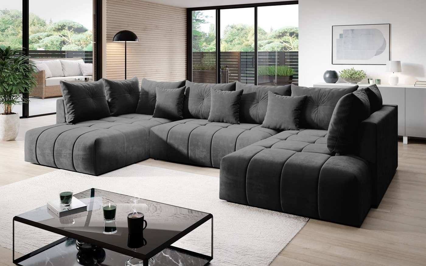 Furnix Wohnlandschaft CALVANI XXL Polstercouch Schlafsofa in U-Form Bettkasten und Kissen, großzügige Abmessungen, hochwertige Materialien von Furnix