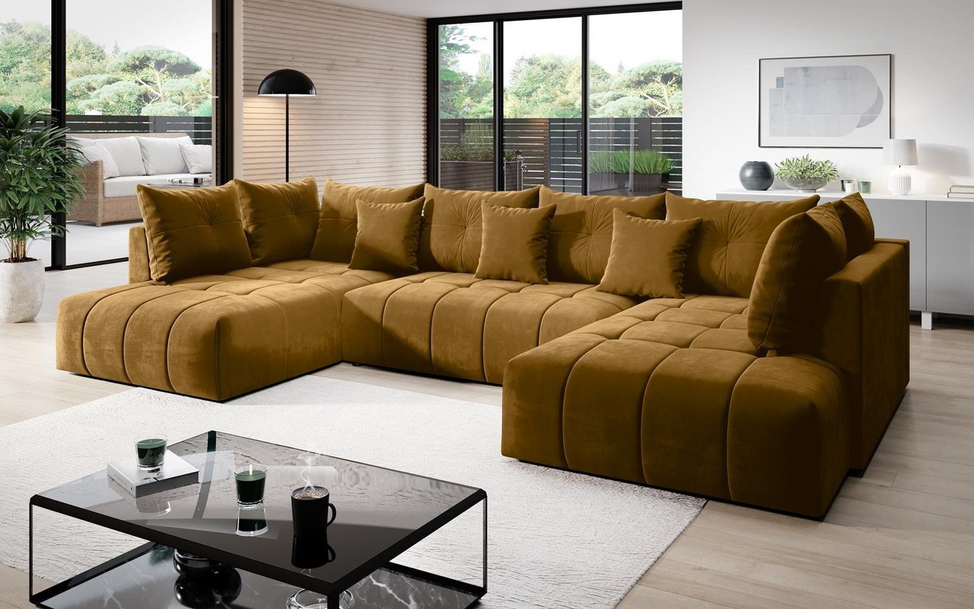 Furnix Wohnlandschaft CALVANI XXL Polstercouch Schlafsofa in U-Form Bettkasten und Kissen, großzügige Abmessungen, hochwertige Materialien von Furnix