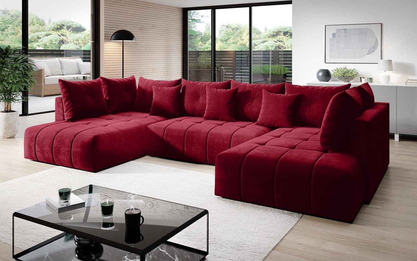 Furnix Wohnlandschaft CALVANI XXL Polstercouch Schlafsofa in U-Form Bettkasten und Kissen, großzügige Abmessungen, hochwertige Materialien von Furnix