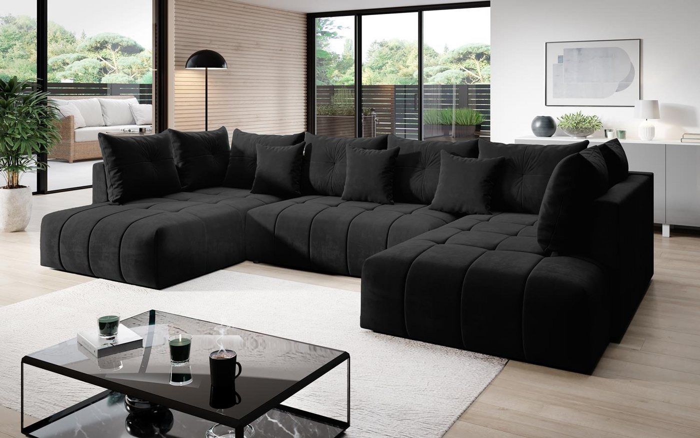 Furnix Wohnlandschaft CALVANI XXL Polstercouch Schlafsofa in U-Form Bettkasten und Kissen, großzügige Abmessungen, hochwertige Materialien von Furnix