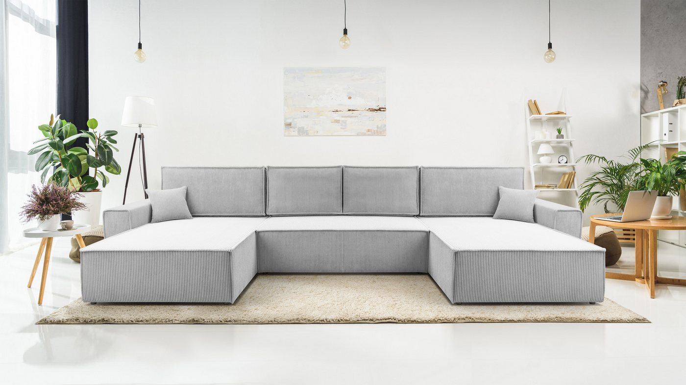 Furnix Wohnlandschaft MANGUSSI-U Polstersofa in U-Form mit Schlaffunktion und Bettkasten, Liegefläche 140x342 cm, Maße 389x85x188 cm, moderner Cord von Furnix