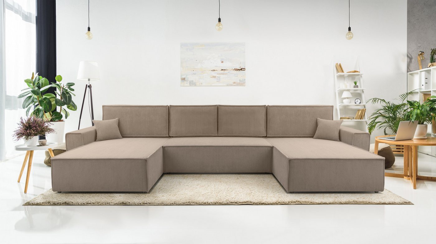 Furnix Wohnlandschaft MANGUSSI-U Polstersofa in U-Form mit Schlaffunktion und Bettkasten, Liegefläche 140x342 cm, Maße 389x85x188 cm, moderner Cord von Furnix