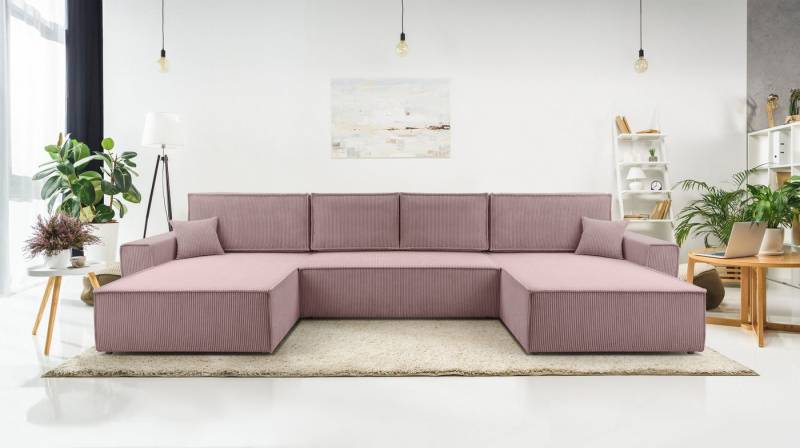 Furnix Wohnlandschaft MANGUSSI-U Polstersofa in U-Form mit Schlaffunktion und Bettkasten, Liegefläche 140x342 cm, Maße 389x85x188 cm, moderner Cord von Furnix