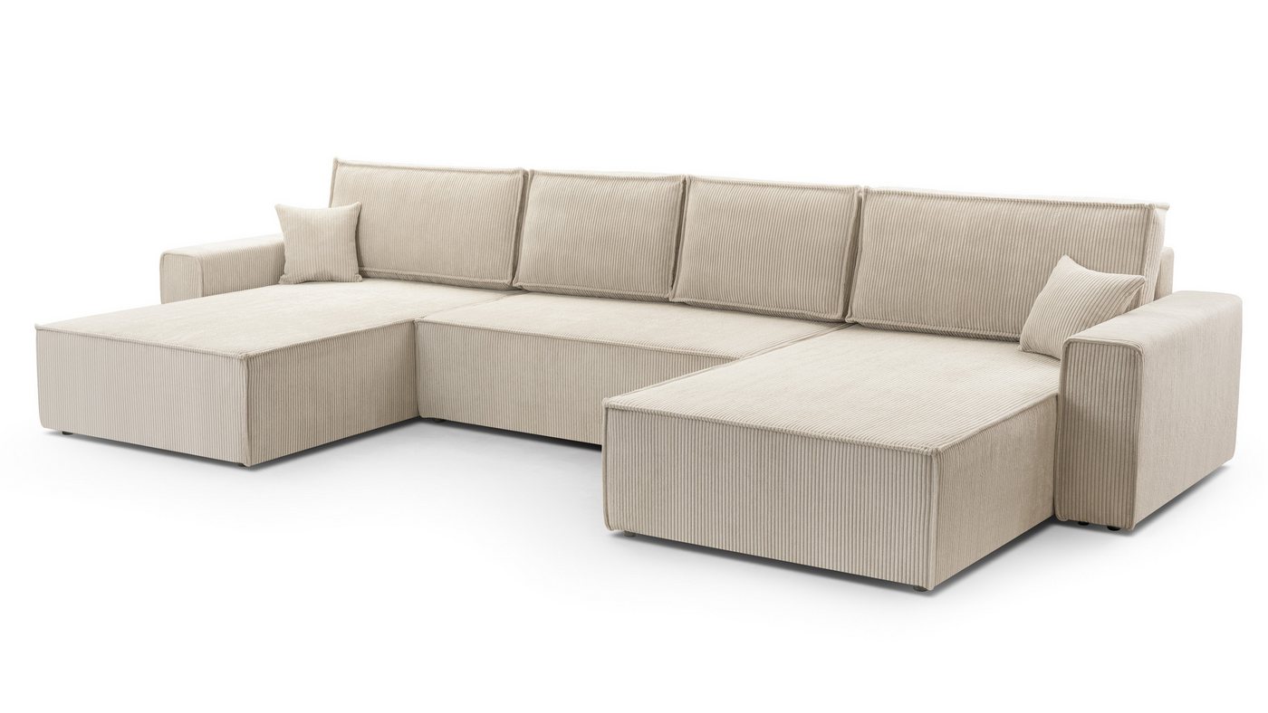 Furnix Wohnlandschaft MANGUSSI-U Polstersofa in U-Form mit Schlaffunktion und Bettkasten, Liegefläche 140x342 cm, Maße 389x85x188 cm, moderner Cord von Furnix