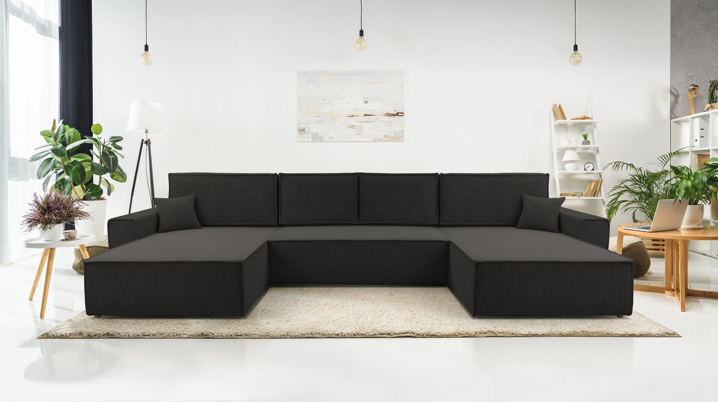 Furnix Wohnlandschaft MANGUSSI-U Polstersofa in U-Form mit Schlaffunktion und Bettkasten, Liegefläche 140x342 cm, Maße 389x85x188 cm, moderner Cord von Furnix