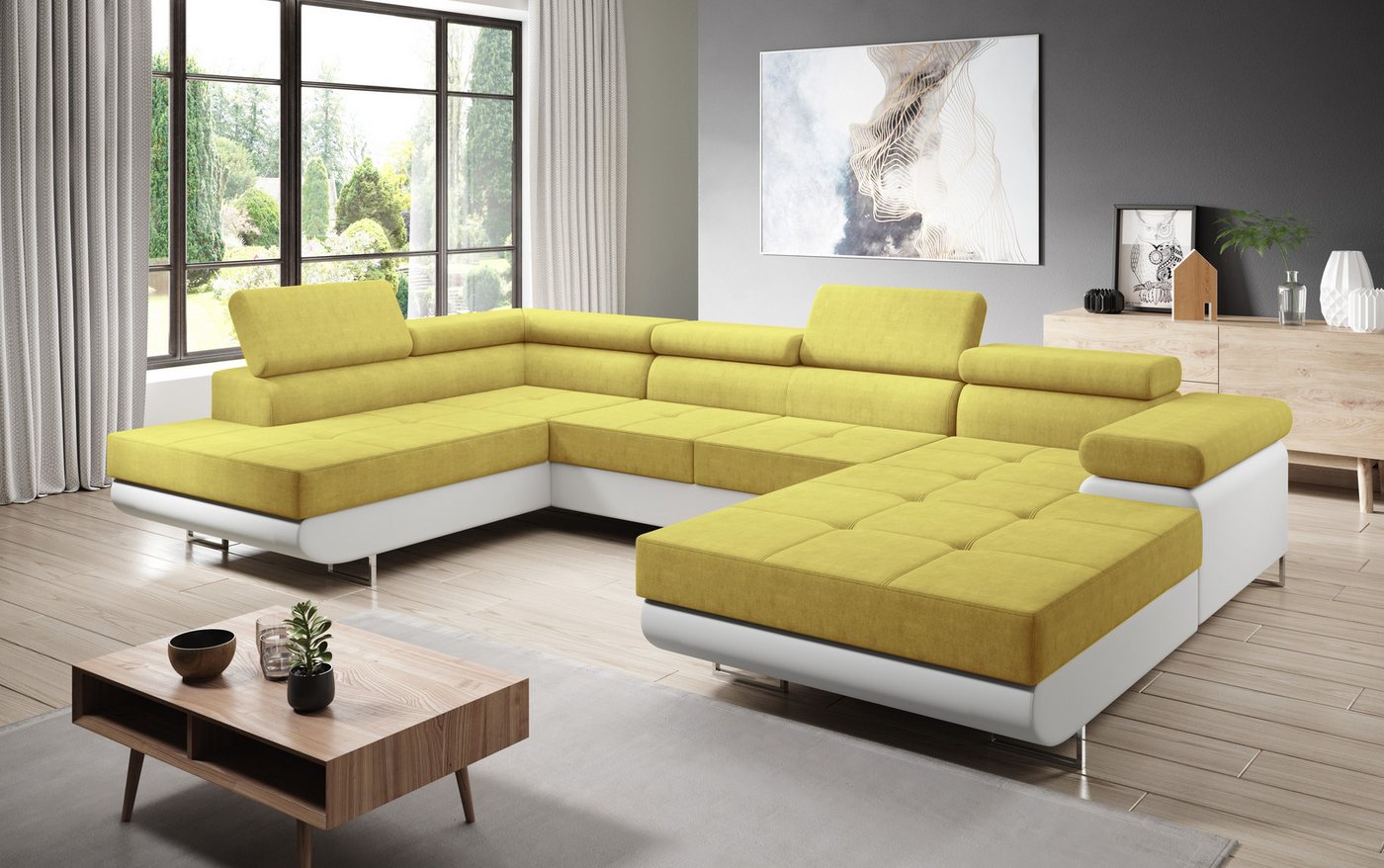 Furnix Wohnlandschaft Zante Couch Schlafsofa U-Sofa mit Schlaffunktion Leder-Optik, Maße BxHxT: 345x90x202 cm, mit Bettkasten, verstellbare Kopfstützen von Furnix