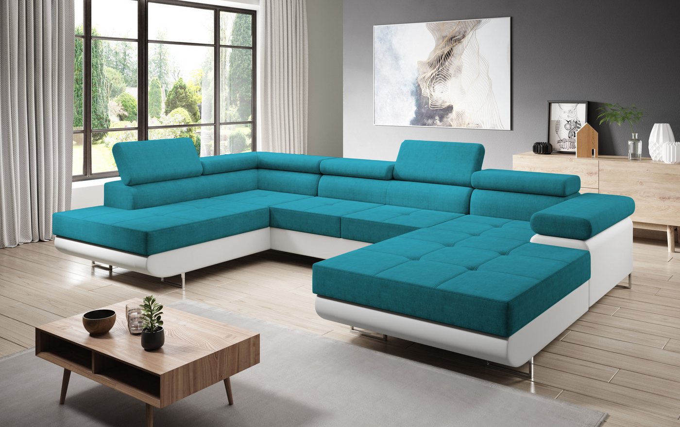 Furnix Wohnlandschaft Zante Couch Schlafsofa U-Sofa mit Schlaffunktion Leder-Optik, Maße BxHxT: 345x90x202 cm, mit Bettkasten, verstellbare Kopfstützen von Furnix