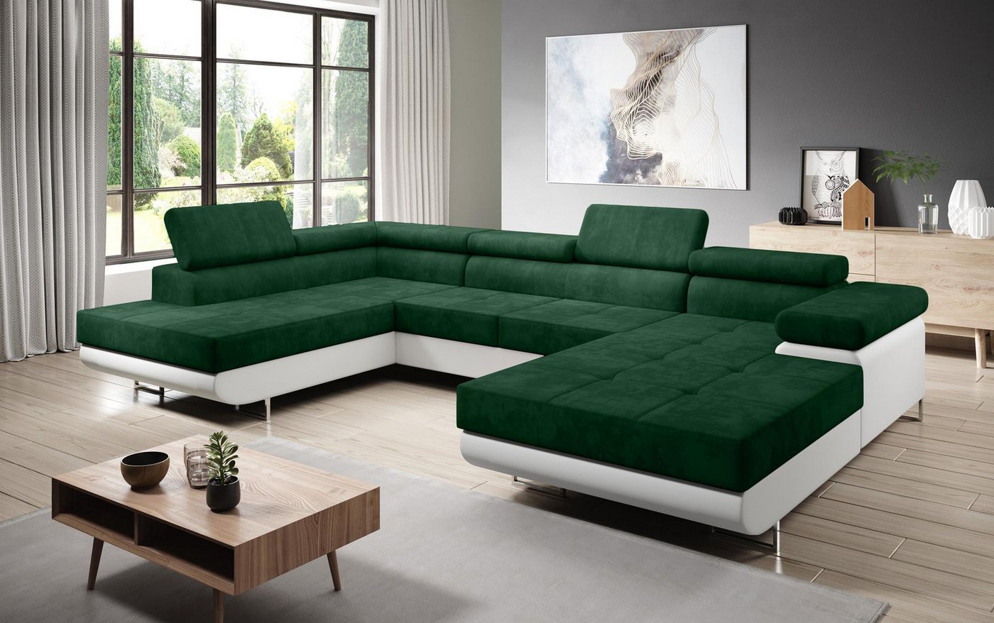 Furnix Wohnlandschaft Zante Couch Schlafsofa U-Sofa mit Schlaffunktion Leder-Optik, Maße BxHxT: 345x90x202 cm, mit Bettkasten, verstellbare Kopfstützen von Furnix