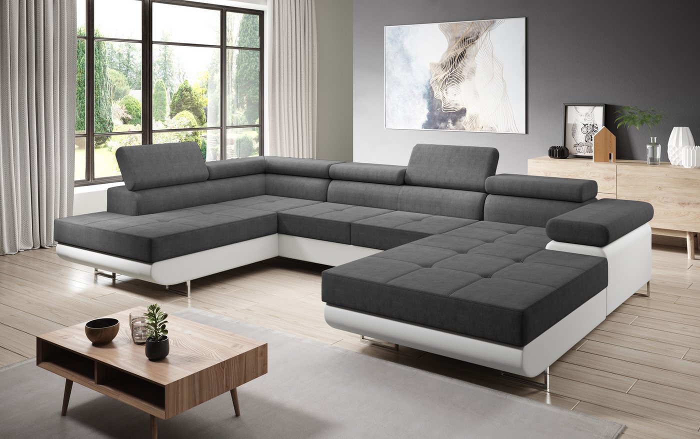 Furnix Wohnlandschaft Zante Couch Schlafsofa U-Sofa mit Schlaffunktion Leder-Optik, Maße BxHxT: 345x90x202 cm, mit Bettkasten, verstellbare Kopfstützen von Furnix