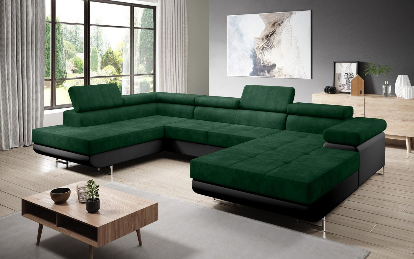 Furnix Wohnlandschaft Zante Couch Schlafsofa U-Sofa mit Schlaffunktion Leder-Optik, Maße BxHxT: 345x90x202 cm, mit Bettkasten, verstellbare Kopfstützen von Furnix