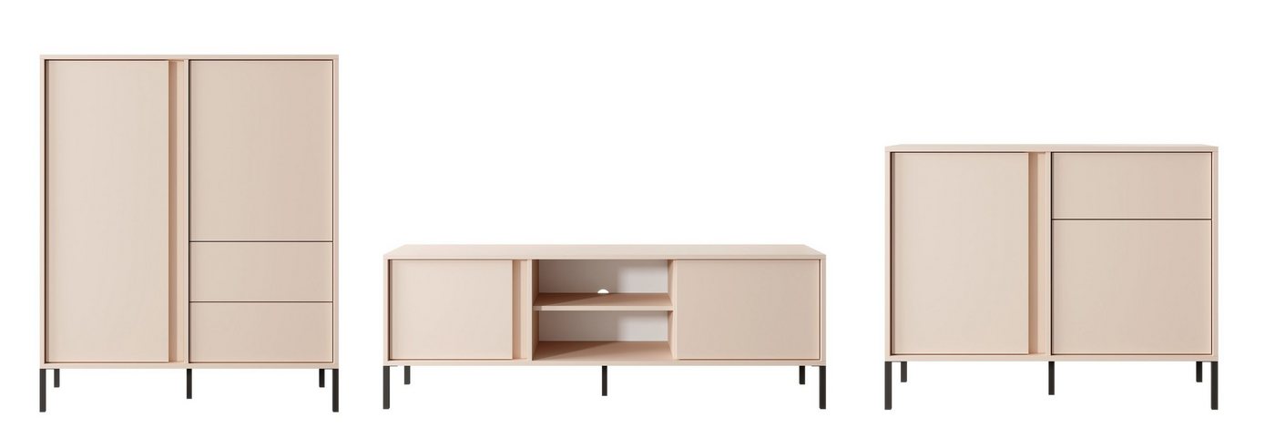 Furnix Wohnwand 3-tlg. Mediawand DASTI 2 Highboard, TV-Schrank, Kommode Beige, Komplett-Set, B359,7 x H123,4 x T39,5 cm von Furnix