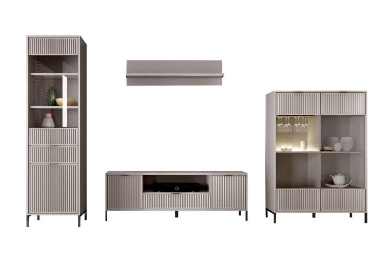 Furnix Wohnwand 4-teilig LINKI 1 Möbelset Wohnwand mit Metallfüßen Kaschmir, (Komplett-Set, Vitrine, Highboard, TV Schrank, Wandregal), optisches Highlight von Furnix