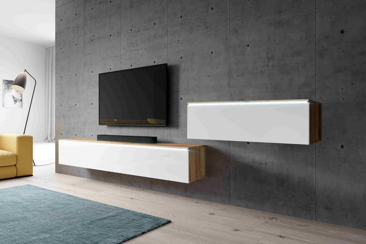 Furnix Wohnwand BARGO III TV-Kommode 300 cm (3x100cm) Lowboard ohne LED weiß, Push-to-Open, klares minimalistisches Design von Furnix