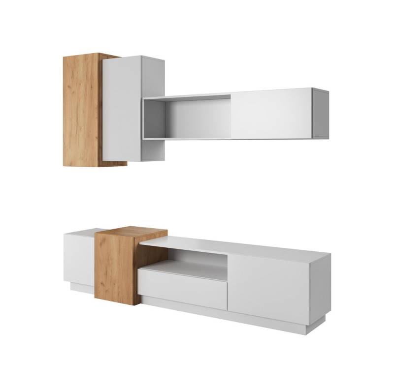 Furnix Wohnwand GLANCI 4-teilige Mediawand, Möbelwand in Weiß-Goldene Craft Eiche, (Set, TV-Schrank, 2 Hängeschränke, 1 Wandregalschrank), flexibel zusammenstellbar von Furnix