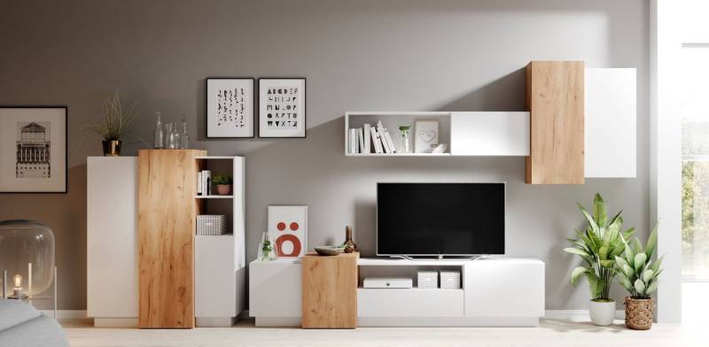 Furnix Wohnwand GLANCI Mediawand Möbel-Set 4-teilig weiß, (Komplett-Set, besteht aus TV Schrank, Wandregal, 2 Hängeschränken und einer Kommode), pflegeleicht, Gesamt: B330 x H133,5 x T45 cm von Furnix