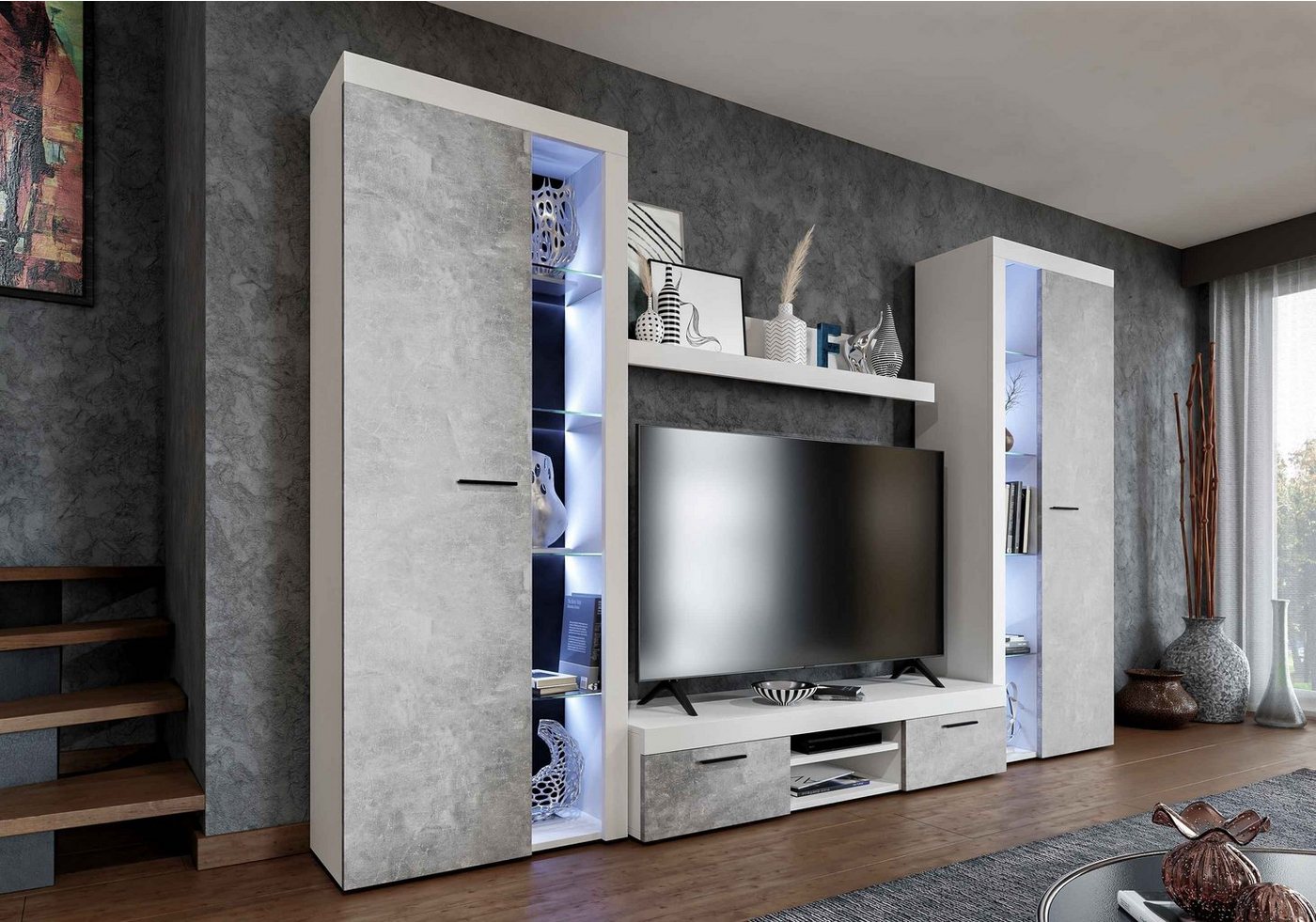 Furnix Wohnwand MARCUSS XL moderne und zeitlose Mediawand B300 x H190 x T40,2 cm, (Komplett-Set, 2x Hochschrank teilverglast, 1 TV-Schrank, 1 Wandregal), Kanten mit Melamin bezogen, elegante Verglasung von Furnix