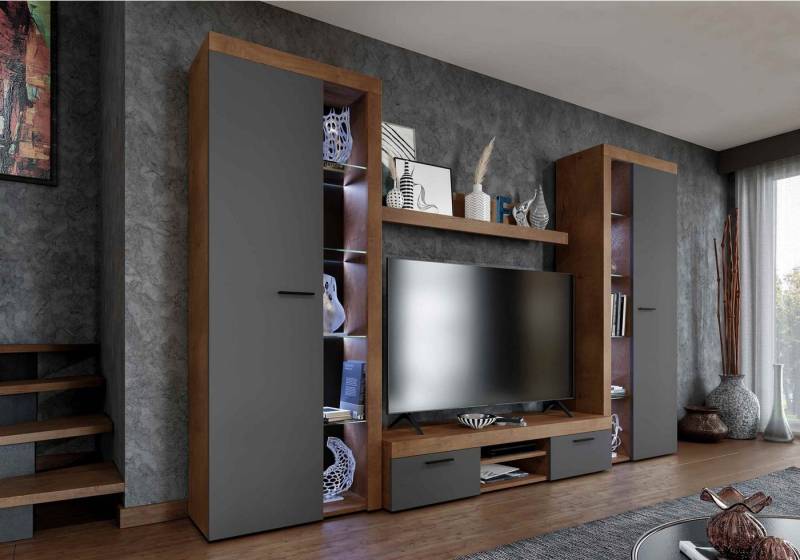 Furnix Wohnwand MARCUSS XL moderne und zeitlose Mediawand B300 x H190 x T40,2 cm, (Komplett-Set, 2x Hochschrank teilverglast, 1 TV-Schrank, 1 Wandregal), Kanten mit Melamin bezogen, elegante Verglasung von Furnix