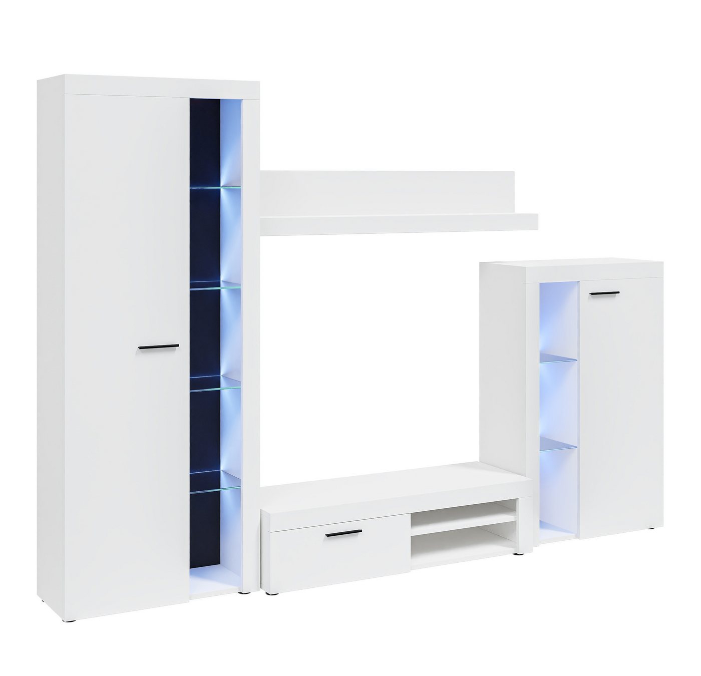 Furnix Wohnwand Marcuss Wohnwand TV-Lowboard Vitrine 4-tlg 270 cm, (Komplett-Set, Hochschrank, TV-Schrank, Hängeschrank und Wandregal), alle Kanten mit Melamin bezogen von Furnix