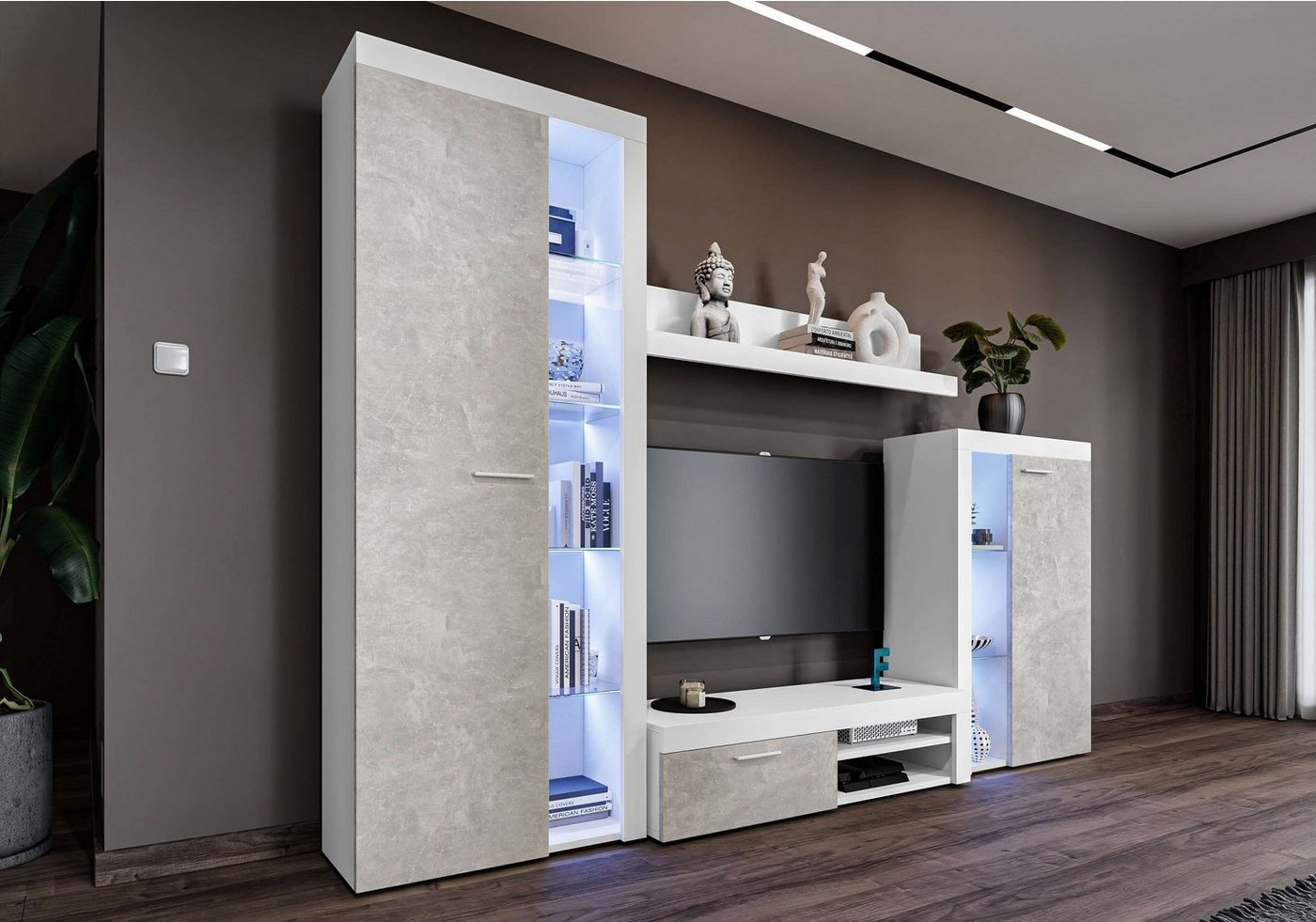 Furnix Wohnwand Marcuss Wohnwand TV-Lowboard Vitrine 4-tlg 270 cm, (Komplett-Set, Hochschrank, TV-Schrank, Hängeschrank und Wandregal), alle Kanten mit Melamin bezogen von Furnix