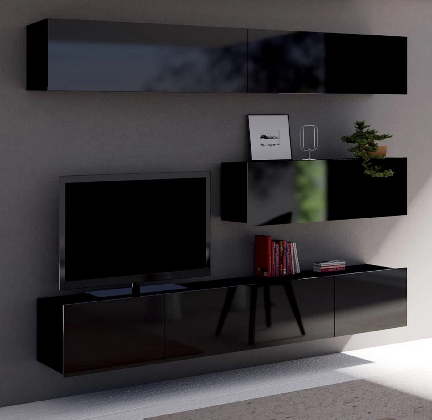 Furnix Wohnwand PUNE8 Mediawand, Möbelwand 5-tlg. Loft 210 cm breit, (Kopmplett-Set, 2x TV-Schrank, 3xWandschrank), Wandmontage oder freistehend für TV Elemente möglich, ohne LED von Furnix