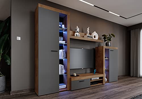 Furnix Wohnwand RIVAY Mediawand Grau Wohnzimmer 4-TLG Komplett-Set LED - TV Lowboard, Highboard Vitrine, Wandregal - Modern Freistehend - B270 x H190 x T40,2 cm, Farbe Lefkas Eiche/Graphit von Furnix