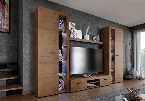 Furnix Wohnwand RIVAY XL Mediawand Holz Wohnzimmer 4-TLG Komplett-Set mit LED - TV Lowboard, Highboard Vitrine, Wandregal - Modern Freistehend - B 300 x H 190 x T 40,2 cm, Farbe Lefkas Eiche von Furnix