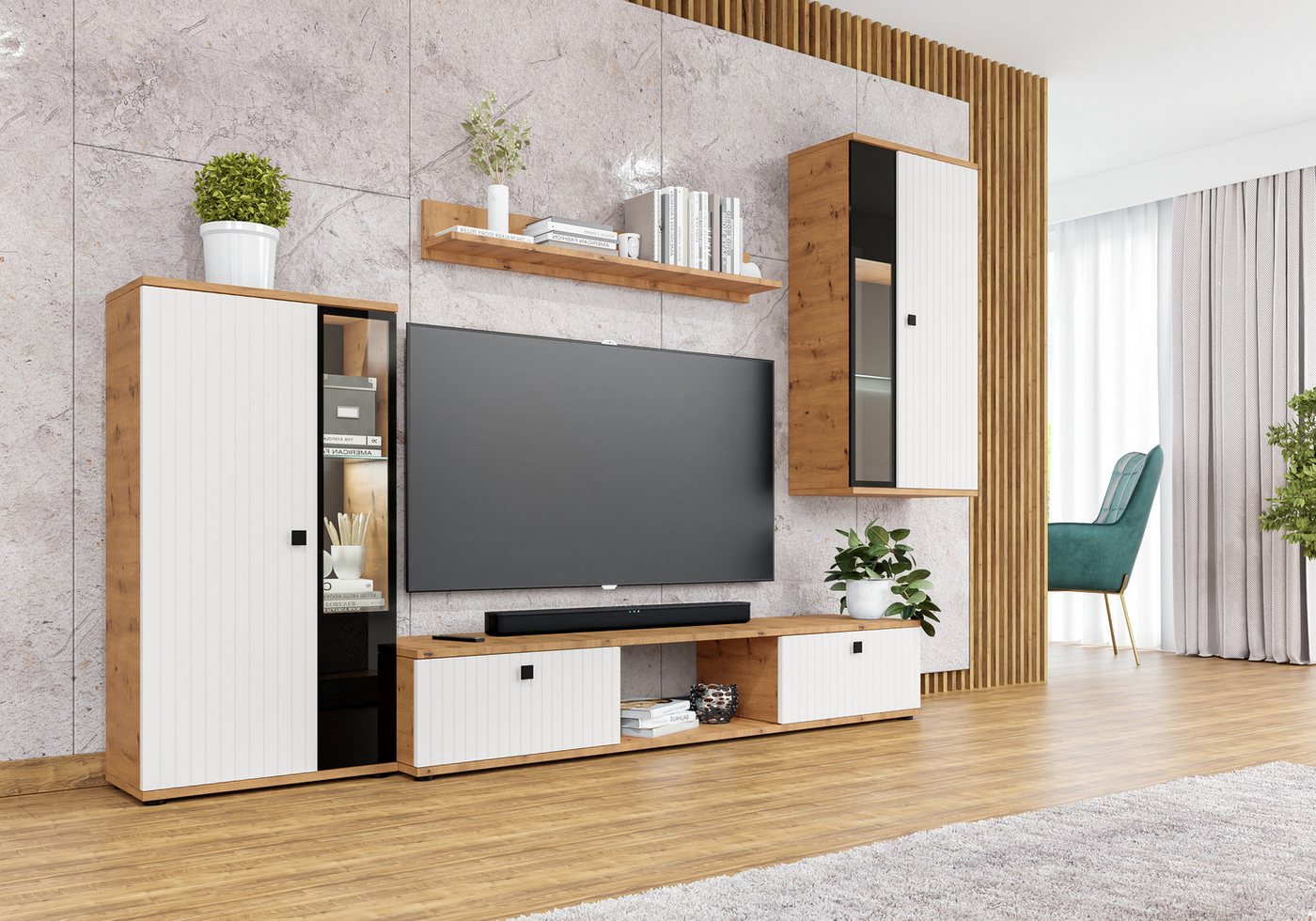 Furnix Wohnwand SARAI Mediawand 4-teilig modern, (Set, mit TV-Schrank, Hochvitrine, Hängevitrine, Wandregal), teilverglaste Türen von Furnix