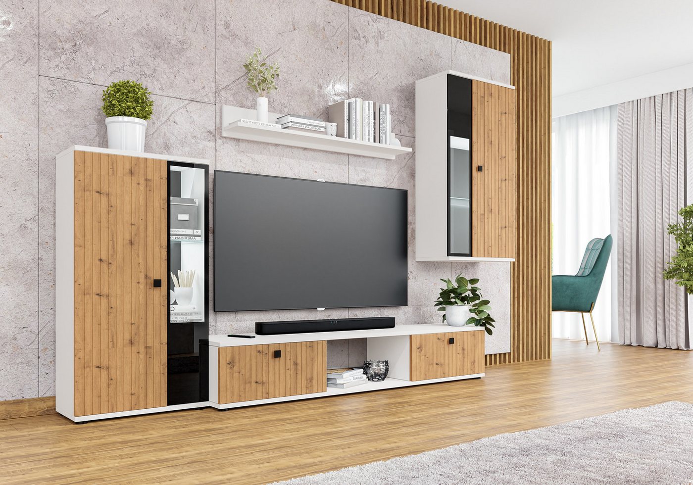 Furnix Wohnwand SARAI Mediawand 4-teilig modern, (Set, mit TV-Schrank, Hochvitrine, Hängevitrine, Wandregal), teilverglaste Türen von Furnix