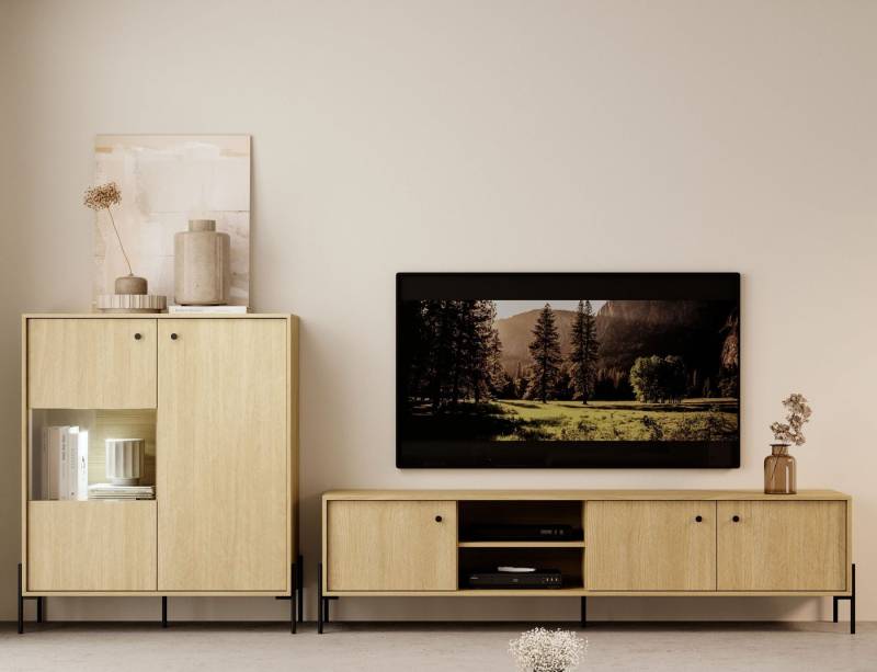 Furnix Wohnwand SCANDINAWA 1 Mediawand Highboard und TV-Schrank Eiche/Fischgräten, B213,6 x H123,4 x T39,5 cm, Scandi Eiche/Fischgräten von Furnix