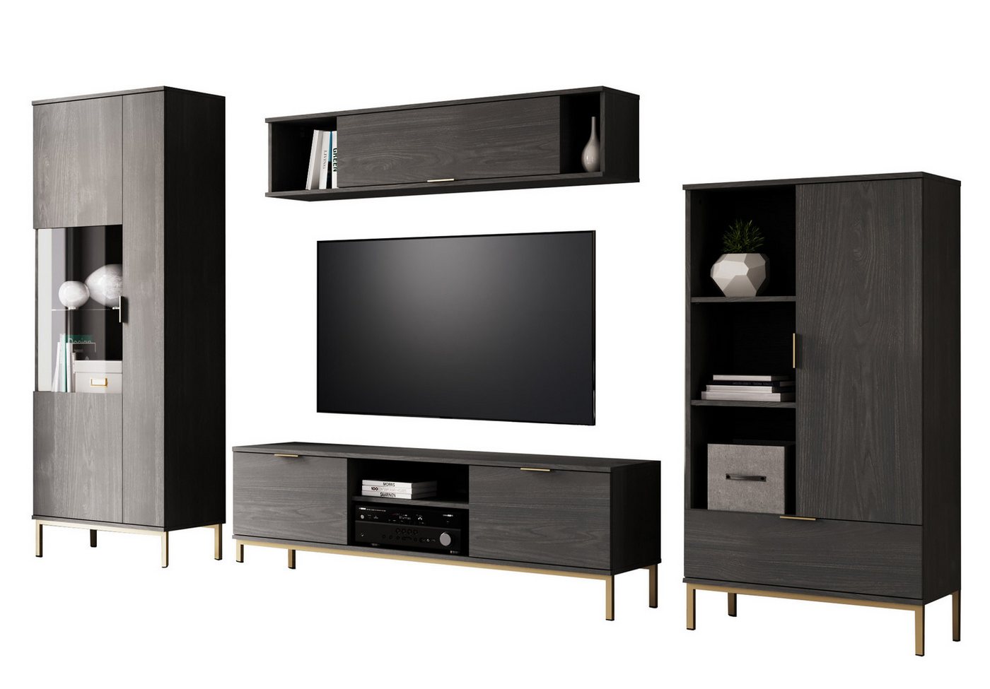 Furnix Wohnzimmer-Set MALAGAS Wohnwand 2 bzw. 4-teilig, TV-Wand mit Goldgestell, (Spar-Set, 4-St), 2 Teile: B170x H190 x T41 cm /4 Teile: B290 x H190 x T41 cm von Furnix