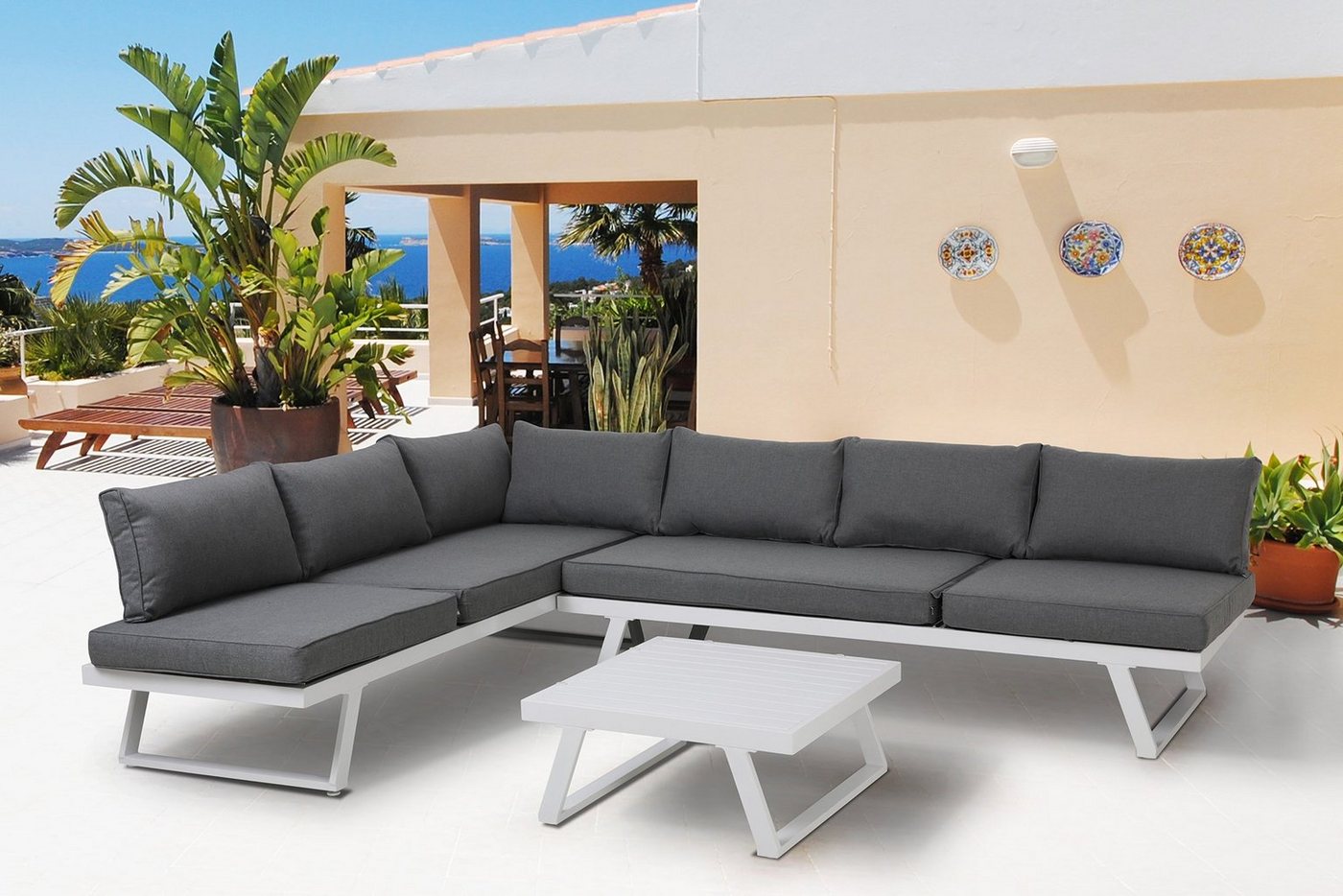 furnling Gartenlounge-Set Mailand, (13-tlg., Eckbank, 1 Couchtisch, 4 Sitzkissen, 7 Rückenkissen), hochwertige Sitzgruppe für 5-6 Personen, Gartenmöbel Lounge Set von Furnling