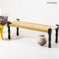 Furnweave Holz Handgewebte Bank | Sitzbank Aus Baumwollseil Massivholz Für Wohnzimmer Weiß Und Baumwolle von Furnweave