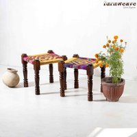 Furnweave Holz Handgewebte Hocker | Sitzhocker Aus Baumwollseil Massivholz Pidha 2Er Set Gelb Und Bunt von Furnweave