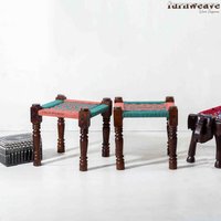 Furnweave Holz Handgewebte Hocker | Sitzhocker Aus Baumwollseil Massivholz Pidha 2Er Set Orange Und Grün von Furnweave