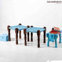 Furnweave Holz Hocker Handgewebt | Sitzhocker Aus Baumwollseil Massivholz Pidha 2Er Set Blau von Furnweave