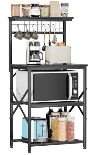 Furologee Küchenbäckerregal, Mikrowellenständer mit 4 Ebenen, Kaffeebar-Station mit 6 S-Haken und Stecktafel, Küchenregale für Gewürze, Töpfe (Schwarz) von Furologee