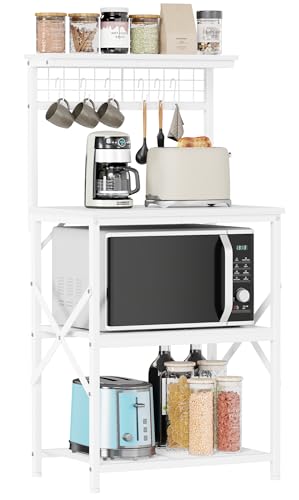Furologee Küchenbäckerregal, Mikrowellenständer mit 4 Ebenen, Kaffeebar-Station mit 6 S-Haken und Stecktafel, Küchenregale für Gewürze, Töpfe (Weiß) von Furologee