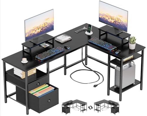 Furologee L-förmiger Schreibtisch mit Steckdose, wendbarer Computertisch mit Aktenschublade und 2 Monitorständern, Ecktisch für Heimbüro, mit Ablagen für Gaming, Schreiben, 150 cm, Schwarz von Furologee