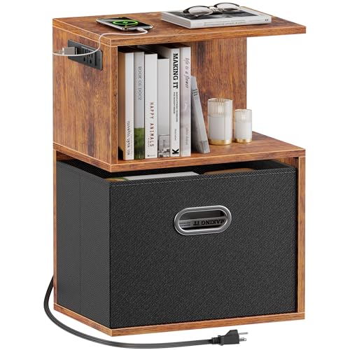 Furologee S Nachttisch mit Ladestation, 3-stöckiger offener Beistelltisch mit Schublade, Nachttisch aus Holz mit Stauraum für Wohnzimmer/Schlafzimmer/kleiner Raum, rustikales Braun von Furologee