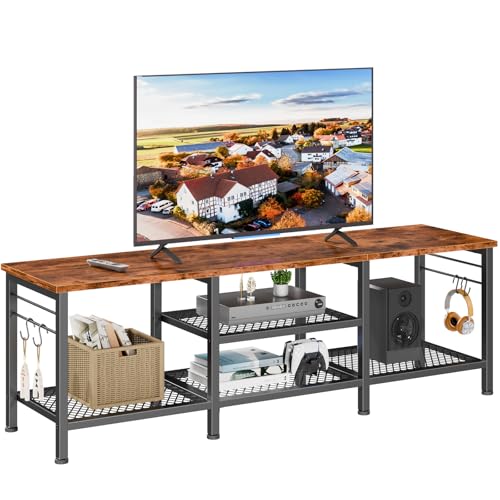 Furologee TV-Ständer für Fernseher bis 65 Zoll, Entertainment Center mit offenen Ablageflächen, 55 Zoll Fernsehständer mit Soundbar-Regal für Wohnzimmer, Schlafzimmer, Rustikales Braun von Furologee