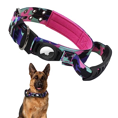 Furry Friends Airtag Hundehalsband, Taktisches Gepolstert Nylon Halsband Hund mit Griff, Verstellbare Metallschnalle GPS Hundehalsbänder für Mittlere Große Hunde(M, Grüne Tarnung) von Furry Friends