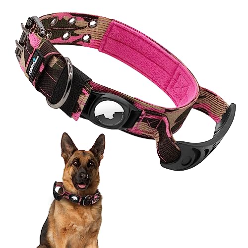 Furry Friends Airtag Hundehalsband, Taktisches Gepolstert Nylon Halsband Hund mit Griff, Verstellbare Metallschnalle GPS Hundehalsbänder für Mittlere Große Hunde(XL, Braune Tarnung) von Furry Friends