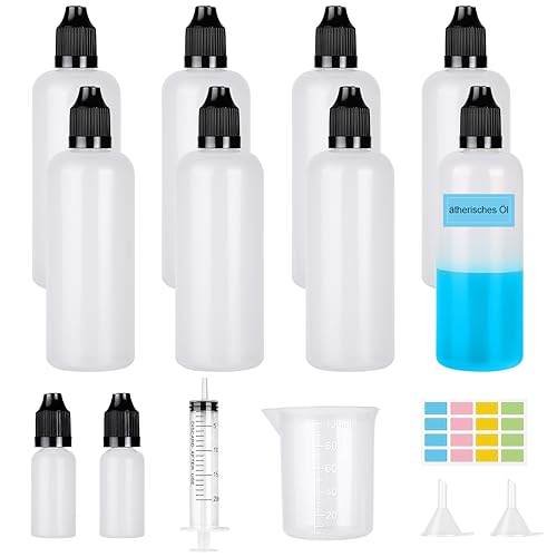 Furuising 8St Liquid Flaschen 100ml, Leer Plastikflaschen Liquidflaschen Tropfflasche Dropper Bottle mit 2 * 10ml Augentropfenflasche, Spritze Messbecher Trichter Zum Mischen von Flüssigkeiten von Furuising