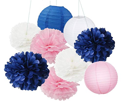 Furuix 9 Stück Seidenpapier-Laternen mit Pompoms, 25,4 cm, für nautische Partydekorationen, marineblaue Mottoparty, Hochzeit, Babyparty, Dekoration, marineblau und rosa Kinderzimmer von Furuix