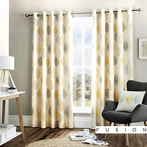 Fusion Home Furnishings Skandi Leaf Vorhänge mit Ösen, 1 Paar, 100% Baumwolle, Ocker, 117 x 137cm von Fusion