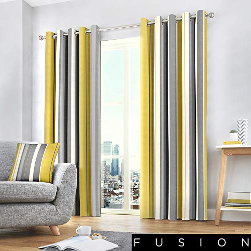 Fusion Whitworth Stripe Vorhänge mit Ösen, gestreift, 100% Baumwolle, 117 x 183 cm, 1 Paar Übergardinen, Ockerfarben von Fusion