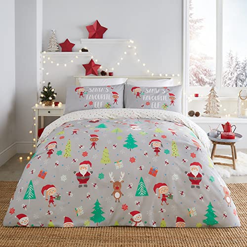 Fusion Bettwäsche-Set mit Weihnachtsmotiv, Elfe und Weihnachtsmann, wendbar, für Doppelbett, Grau von Fusion