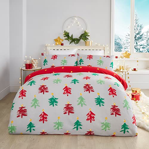 Fusion FTTGY21PIU Bettbezug-Set mit weihnachtlichen Bäumen, 100% gebürstete Baumwolle, für Doppelbett, Grau von Fusion