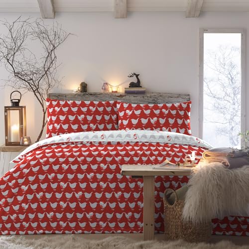 Fusion Christmas – Geo Robin – pflegeleichtes Bettbezug-Set – Einzelbettgröße in Rot von Fusion